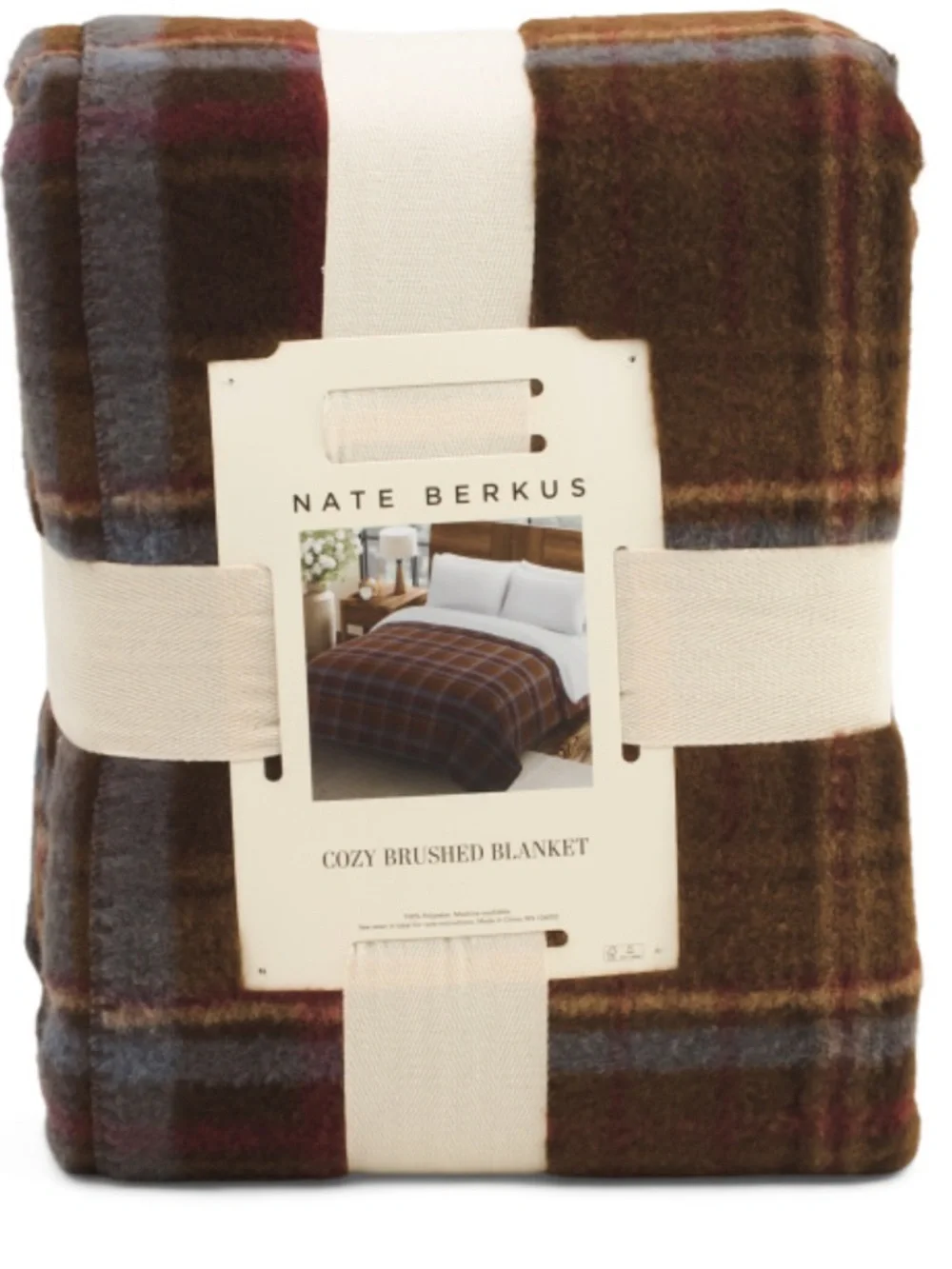 Nate Berkus Brushed Faux Cashmere Plaid Blanket  - Brown, Blue, Burgundy